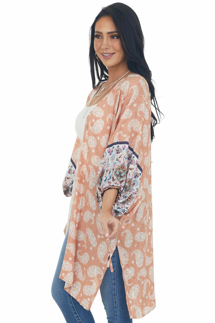 Entro Tops Melon Floral Paisley Print 1/2 Sleeve Kimono 7 Entro Tops Melon Floral Paisley Print 1/2 Sleeve Kimono