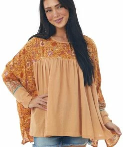 Easel Tops Melon Floral Print Blouse With Long Sleeves