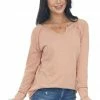 BiBi Tops Melon Heathered Notch Neck Long Sleeve Top