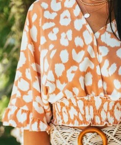She + Sky Melon Leopard Print Surplice Neck Cropped Blouse Tops