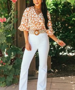 She + Sky Melon Leopard Print Surplice Neck Cropped Blouse Tops