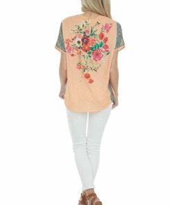 Umgee Melon Multiprint Short Sleeve Surplice Top Tops