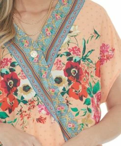 Umgee Melon Multiprint Short Sleeve Surplice Top Tops