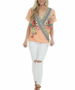 Umgee Melon Multiprint Short Sleeve Surplice Top Tops