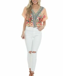 Umgee Melon Multiprint Short Sleeve Surplice Top Tops