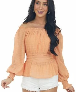 Flying Tomato Melon Off Shoulder Drop Waist Textured Blouse