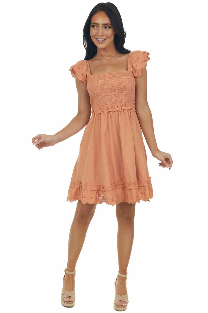 Davi & Dani Dresses Melon Short Sleeve Smocked Woven Dress 5 Davi & Dani Dresses Melon Short Sleeve Smocked Woven Dress