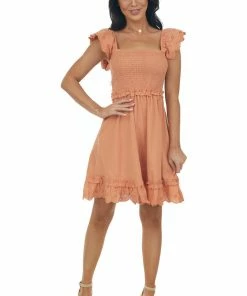 Davi & Dani Dresses Melon Short Sleeve Smocked Woven Dress