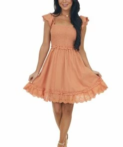 Davi & Dani Dresses Melon Short Sleeve Smocked Woven Dress 19 Davi & Dani Dresses Melon Short Sleeve Smocked Woven Dress