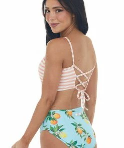 Davi & Dani Melon Striped And Arctic Blue Printed Swimsuit Accessories