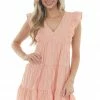 Umgee Melon V Neck Tiered Woven Mini Dress Dresses