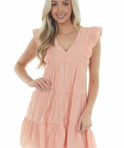Umgee Melon V Neck Tiered Woven Mini Dress Dresses