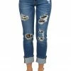 KanCan Mid Wash Denim Blue Distressed Animal Print Straight Jeans Bottoms