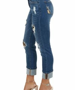 KanCan Mid Wash Denim Blue Distressed Animal Print Straight Jeans Bottoms