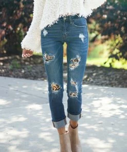KanCan Mid Wash Denim Blue Distressed Animal Print Straight Jeans Bottoms