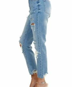 Special A Mid Wash High Rise Ankle Cut Distressed Straight Leg Jeans