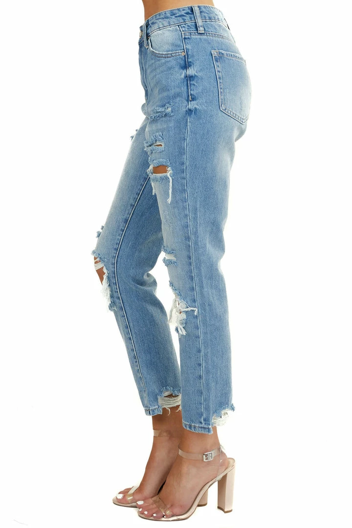 Special A Mid Wash High Rise Ankle Cut Distressed Straight Leg Jeans 4 Special A Mid Wash High Rise Ankle Cut Distressed Straight Leg Jeans