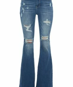 Special A Bottoms Mid Wash High Rise Flare Leg Torn Denim Jeans
