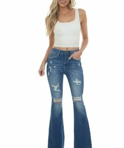 Special A Bottoms Mid Wash High Rise Flare Leg Torn Denim Jeans