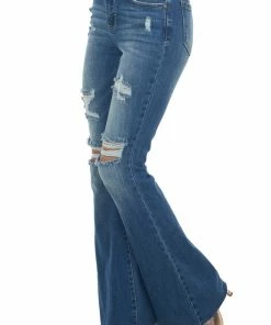 Special A Bottoms Mid Wash High Rise Flare Leg Torn Denim Jeans
