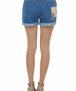 Easel Bottoms Mid Wash High Rise Patchwork Rolled Hem Shorts 8 Easel Bottoms Mid Wash High Rise Patchwork Rolled Hem Shorts