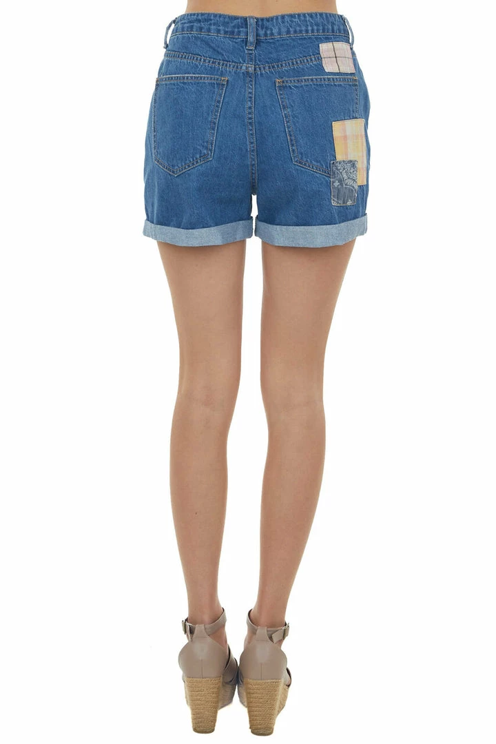 Easel Bottoms Mid Wash High Rise Patchwork Rolled Hem Shorts 5 Easel Bottoms Mid Wash High Rise Patchwork Rolled Hem Shorts