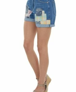 Easel Bottoms Mid Wash High Rise Patchwork Rolled Hem Shorts
