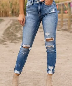 KanCan Mid Wash High Rise Shark Bite Hem Denim Jeans Bottoms