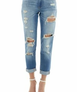 KanCan Mid Wash Mid Rise Heavy Torn Boyfriend Jeans