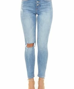 Vervet Bottoms Midwash Denim High Rise Skinny Jeans With Button Up Closure