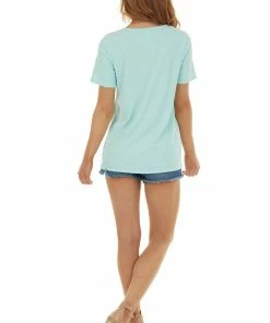 BiBi Mint Chest Cut Out Ribbed Knit Top With Short Sleeves Tops 26 BiBi Mint Chest Cut Out Ribbed Knit Top With Short Sleeves Tops