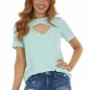 BiBi Mint Chest Cut Out Ribbed Knit Top With Short Sleeves Tops
