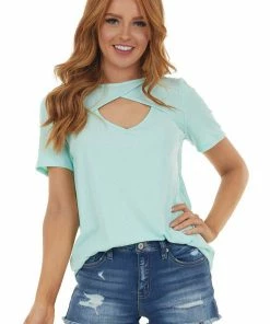 BiBi Mint Chest Cut Out Ribbed Knit Top With Short Sleeves Tops