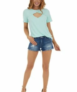 BiBi Mint Chest Cut Out Ribbed Knit Top With Short Sleeves Tops 22 BiBi Mint Chest Cut Out Ribbed Knit Top With Short Sleeves Tops