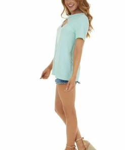 BiBi Mint Chest Cut Out Ribbed Knit Top With Short Sleeves Tops 25 BiBi Mint Chest Cut Out Ribbed Knit Top With Short Sleeves Tops