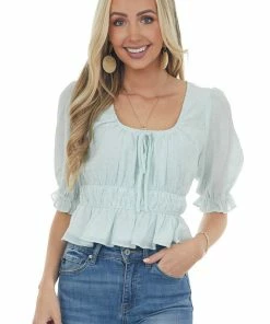 Sweet Lemon Mint Dot Textured Peasant Sleeve Peplum Top