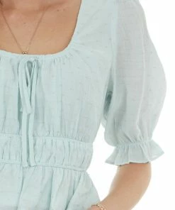 Sweet Lemon Mint Dot Textured Peasant Sleeve Peplum Top