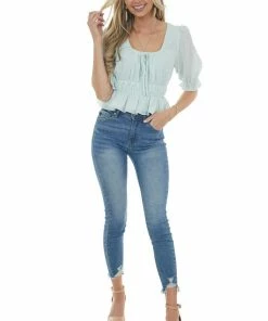 Sweet Lemon Mint Dot Textured Peasant Sleeve Peplum Top