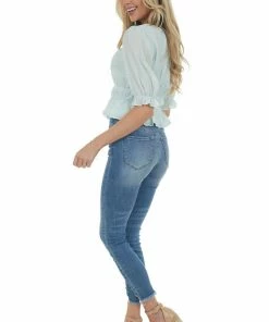 Sweet Lemon Mint Dot Textured Peasant Sleeve Peplum Top