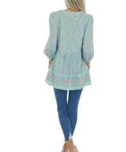 Jodifl Mint Floral Bubble Sleeve Drop Waist Blouse Tops