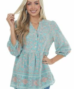 Jodifl Mint Floral Bubble Sleeve Drop Waist Blouse Tops