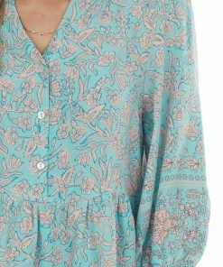 Jodifl Mint Floral Bubble Sleeve Drop Waist Blouse Tops