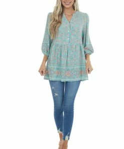 Jodifl Mint Floral Bubble Sleeve Drop Waist Blouse Tops