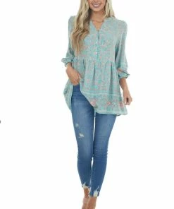Jodifl Mint Floral Bubble Sleeve Drop Waist Blouse Tops