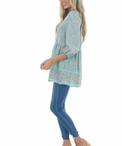 Jodifl Mint Floral Bubble Sleeve Drop Waist Blouse Tops