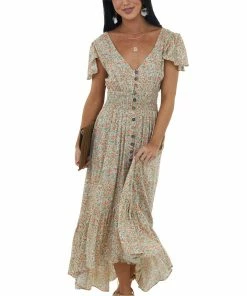 Lush Clothing Mint Floral Print Open Tie Back Midi Dress