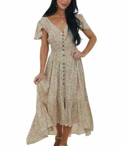 Lush Clothing Mint Floral Print Open Tie Back Midi Dress