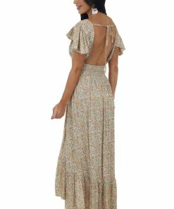 Lush Clothing Mint Floral Print Open Tie Back Midi Dress