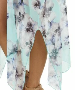 Lovely J Mint Floral Print Short Sleeve Kimono With Side Slits