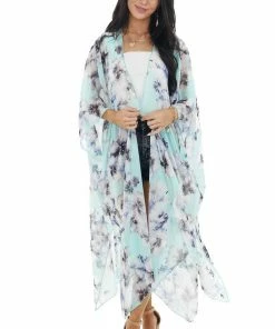 Lovely J Mint Floral Print Short Sleeve Kimono With Side Slits